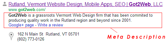Vermont SEO - This is what a description tag looks like in Google Vermont SEO - This is what a description tag looks like in Google